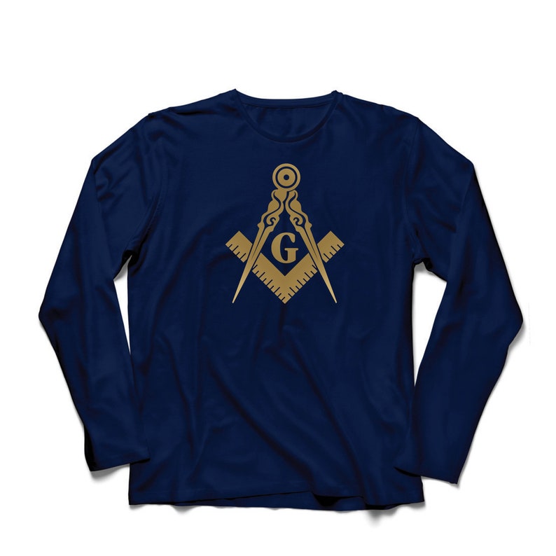 May include: A navy blue long-sleeved t-shirt with a gold Masonic symbol, a compass and square with a 'G' in the center.