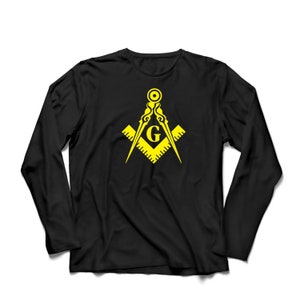 May include: Black long-sleeve t-shirt with a yellow Masonic symbol, featuring a compass and square with a 'G' in the center.
