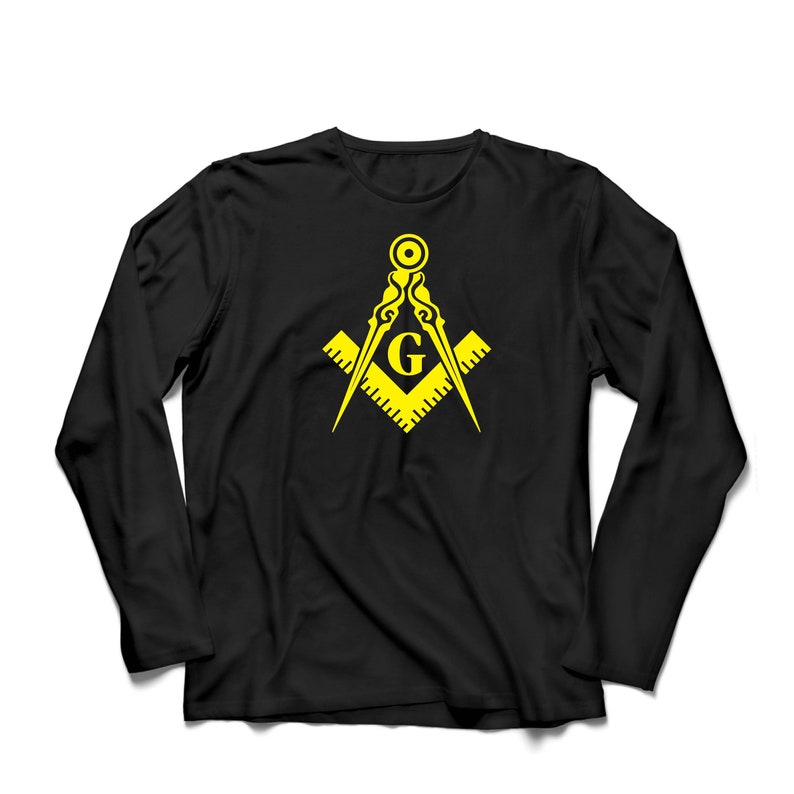 May include: Black long-sleeve t-shirt with a yellow Masonic symbol, featuring a compass and square with a 'G' in the center.