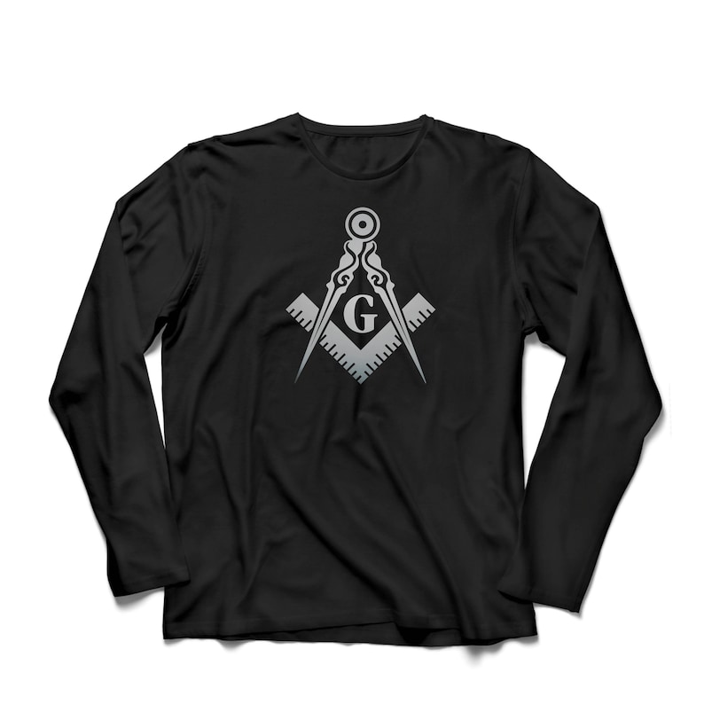 May include: Black long-sleeve t-shirt with a silver Masonic symbol, a compass and square with a 'G' in the center.