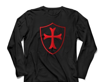 Knights Templar Long Sleeve Shirt: Shield with Red Cross, Christian Crusader