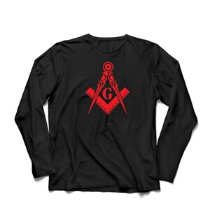 May include: Black long-sleeve t-shirt with a red Masonic symbol, featuring a compass and square with a 'G' in the center.