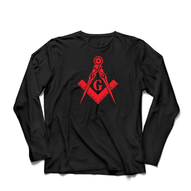 May include: Black long-sleeve t-shirt with a red Masonic symbol, featuring a compass and square with a 'G' in the center.