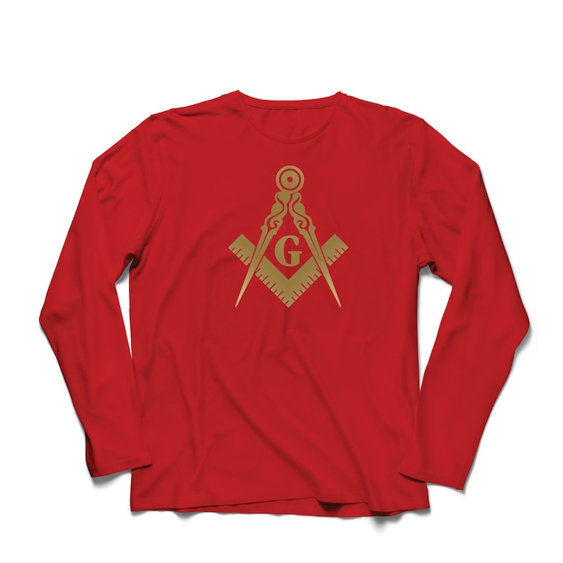 May include: Red long-sleeve t-shirt with a gold Masonic symbol, featuring a compass and square with a 'G' in the center.