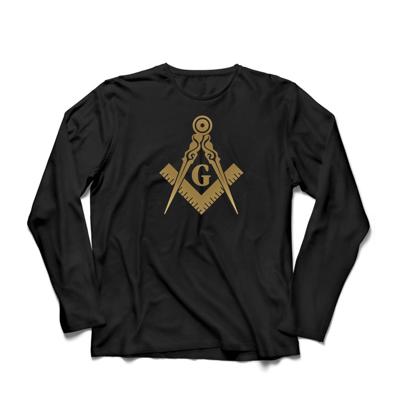 May include: Black long-sleeve t-shirt with a gold-colored Masonic symbol featuring a compass and square with a 'G' in the center.