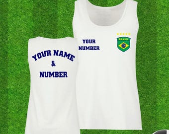 Personalized Brazil Soccer Tank Top: Brazilian Flag Shield, Custom Name & Number Sleeveless Football Shirt