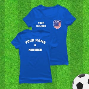 Custom USA Soccer Shirt for Women, Custom US Soccer Jersey, American Team Flag in Shield Tee, Personalized Name and Number Soccer Shirt