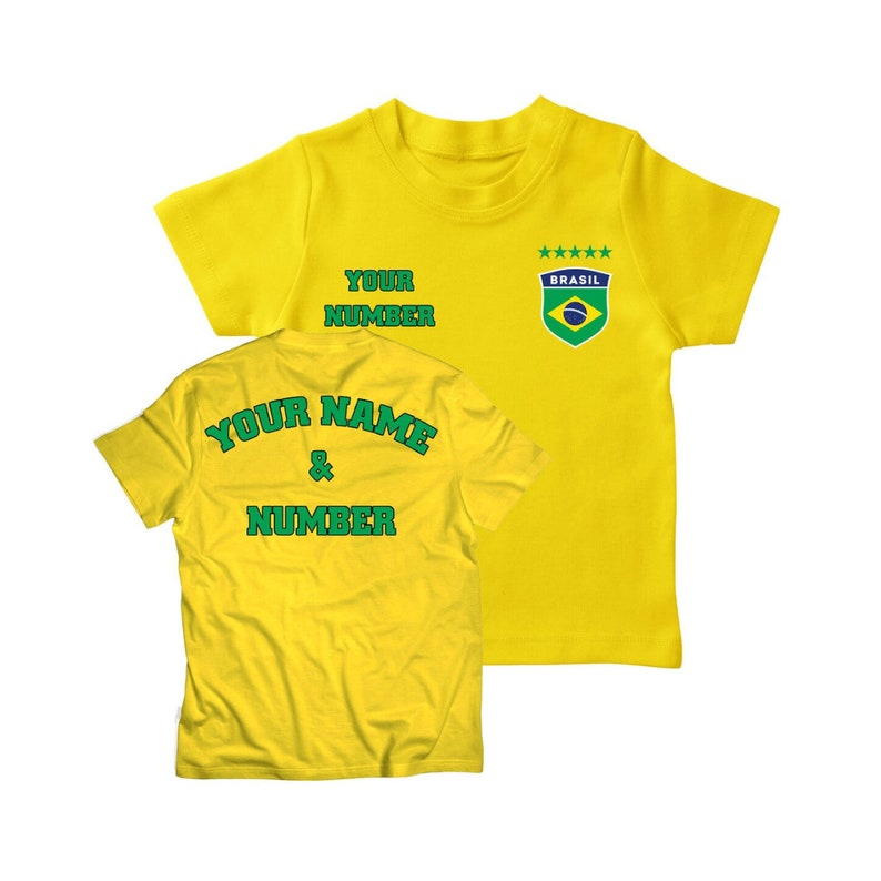 May include: Yellow t-shirt with green text that says "Your Name & Number" on the back and "Your Number" and a Brazilian flag with the word "Brasil" on the front.