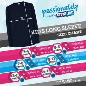 May include: Navy blue long sleeve shirt with a size chart for kids. The chart shows measurements in inches and centimeters for various age groups, ranging from 3-4 years to 14-15 years. The text "passionately created by LEPNOME" is also visible.