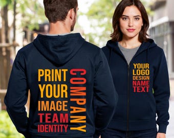 Sudadera con capucha y cremallera completa personalizada: texto y logotipo personalizados, ajuste unisex