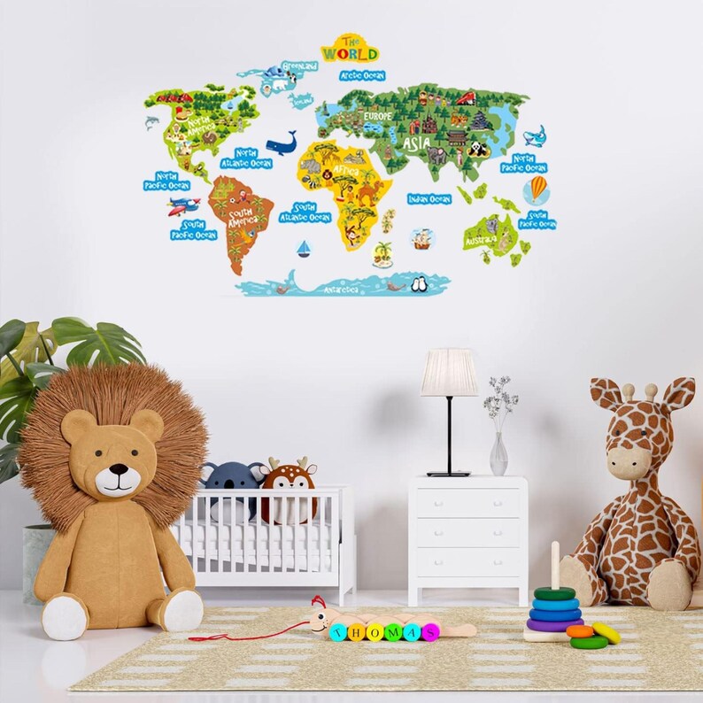World Map Kids Wall Decal, Continents & Animals Vinyl Sticker - Etsy UK