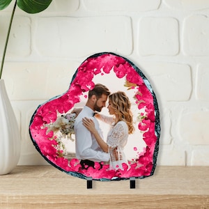 Custom Photo Slate Plaque: Pink Rose Frame, Personalized Keepsake