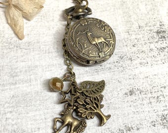 Orologio da tasca con cervo in bronzo a tema forestale e quadrante piccolo