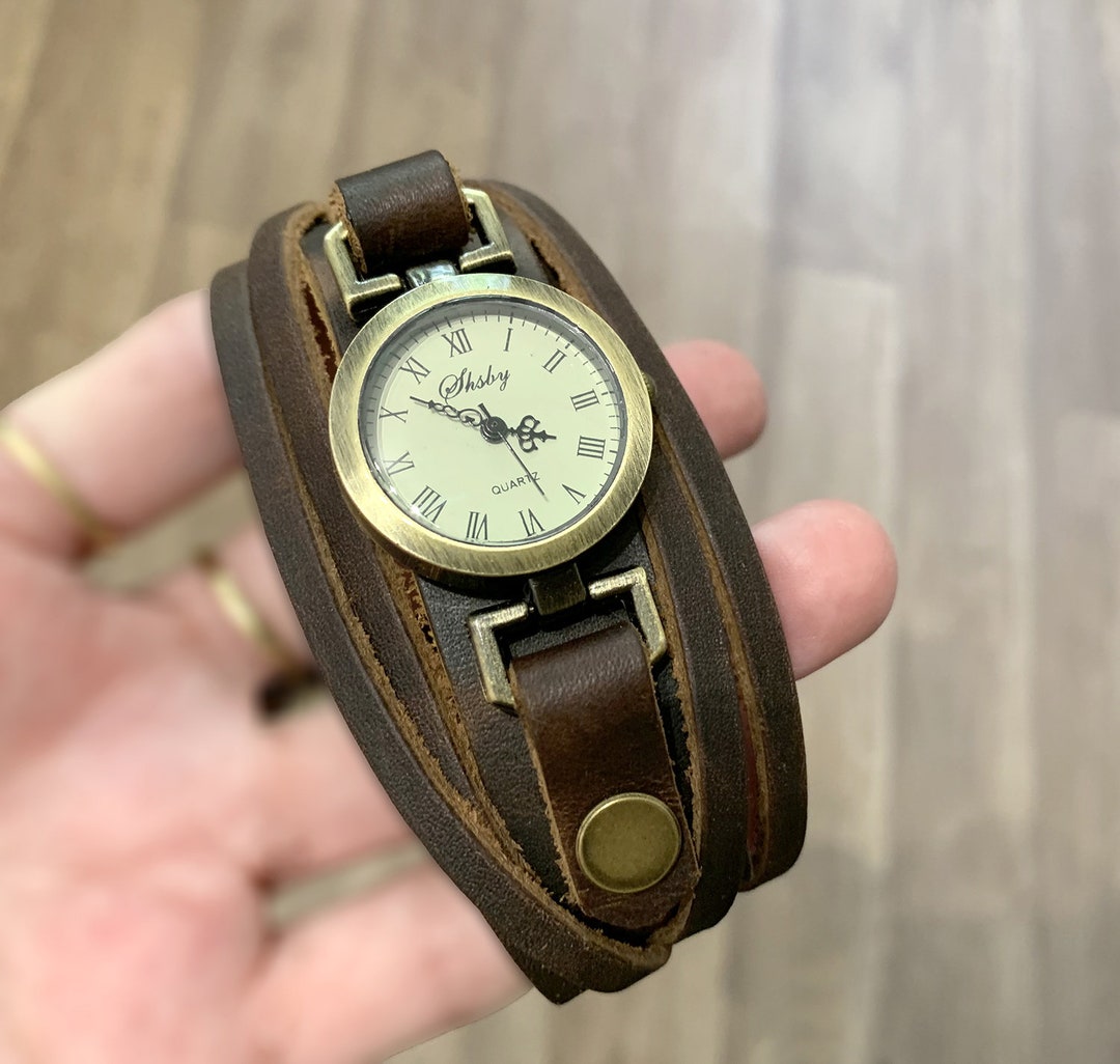 Unisex breite Manschettenarmbanduhr braunes Leder Vintage Zen