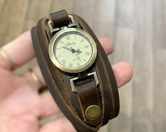 Montre bracelet large manchette unisexe cuir marron vintage zen décontracté