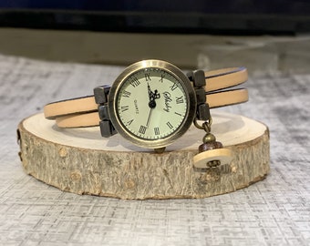 Customizable vintage women's watch with engraved bronze dial and double leather strap, unique gift for her personalized