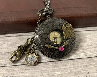 Alice in Wonderland pocket watch with rabbit charm clock gift for woman Alice fan