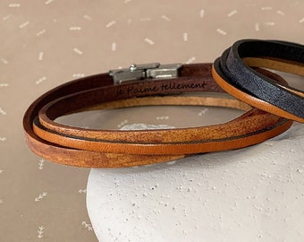 Personalized secret message bracelet on aged effect leather, engraved personal message, hidden message unique gift, gift for him