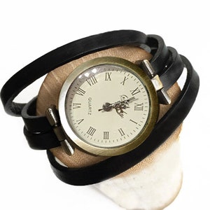 Montre femme bracelet lanière cuir noir lanière plusieurs tours de poignet image 1