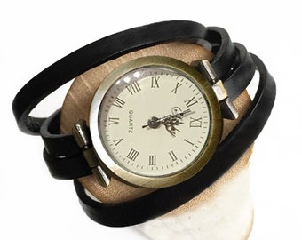 Montre femme bracelet lanière cuir noir lanière plusieurs tours de poignet