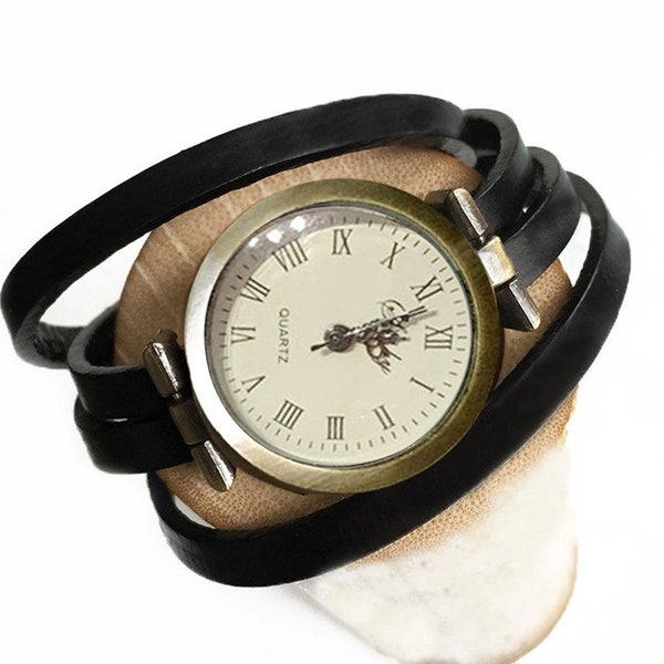 Montre femme bracelet lanière cuir noir lanière plusieurs tours de poignet