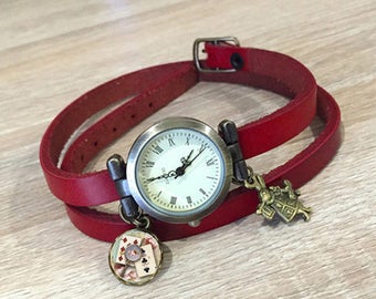 Retro teenage gift watch red leather strap Alice's rabbit and card game