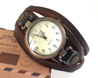 Large brown leather men's watch, rustic style and large dial, casual zen gift for men and women