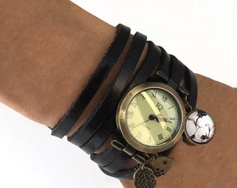 Fine black leather cuff watch for women adjustable wrist wraparound leather