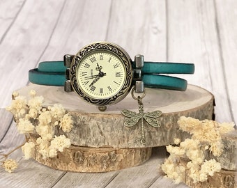 Personalized Ladies watch with dragonfly theme and engraved leather with customizable words, personalized gift for her
