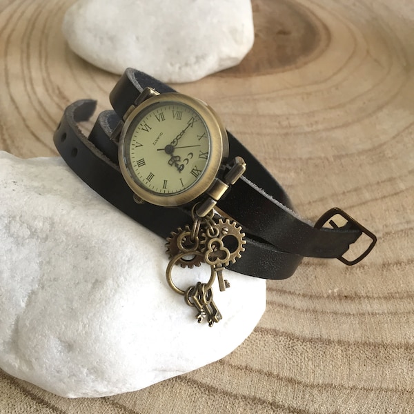 Women's steampunk watch with black or brown leather strap