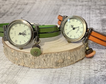 Customizable vintage women's watch with engraved bronze dial and double leather strap, unique gift for her personalized