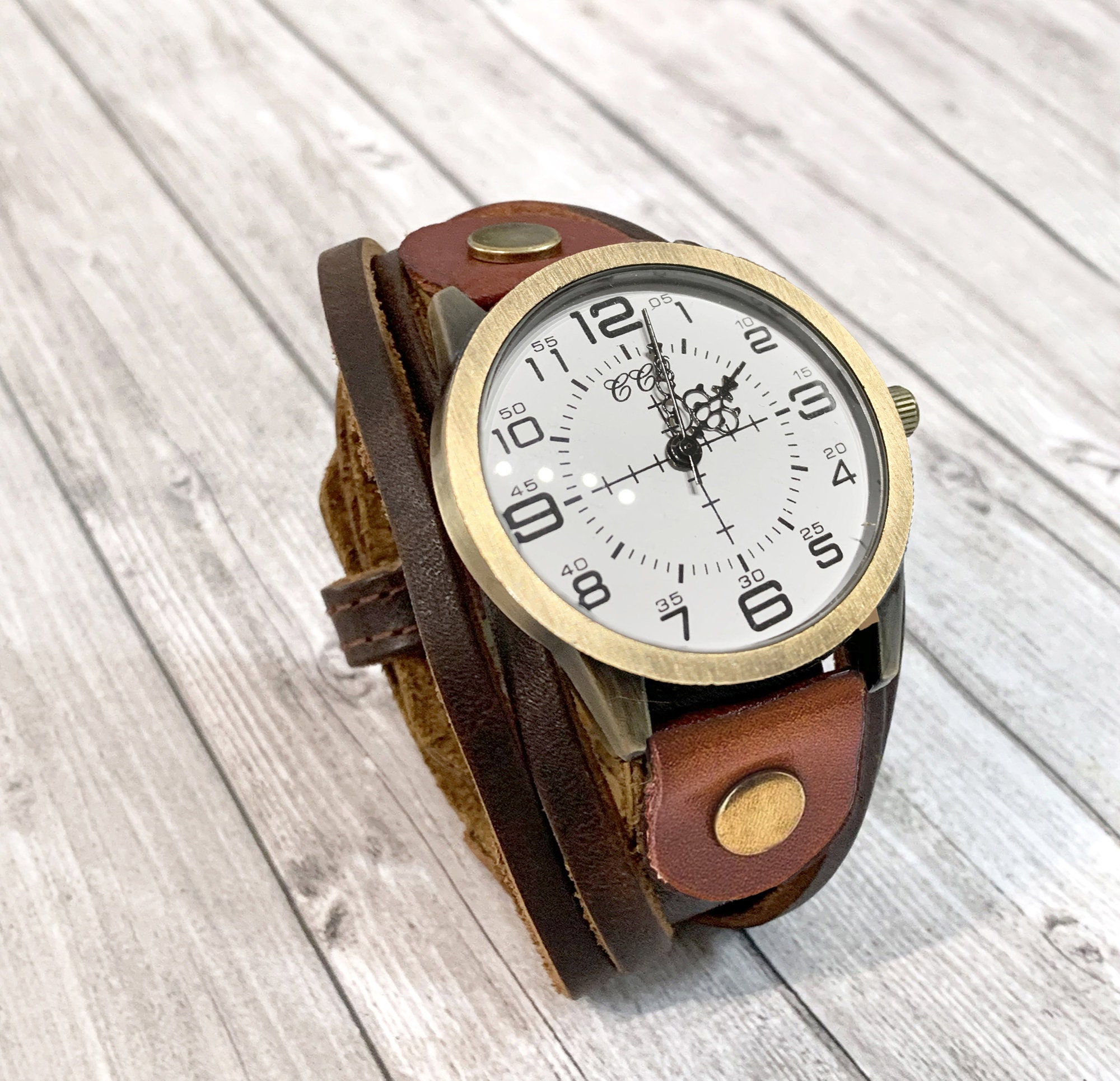 Wide cuff bracelet watch unisex brown leather rustic style and dial large, zen and relaxed