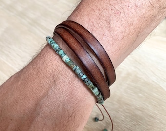 Two leather bracelets and jasper natural stones, personalized gift with leather engraving for men, Father's Day, new dad