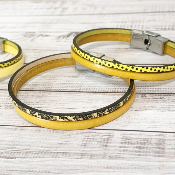 One-turn yellow leather bracelet with two superimposed leathers and adjustable size, personalized engraved gift for women