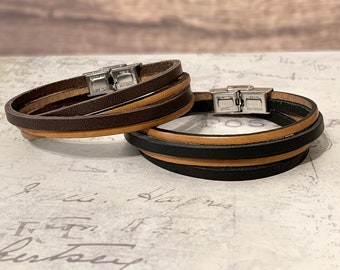 Brown or black double leather bracelet, adjustable length, strap to wrap around the wrist, personalized gift for men and women