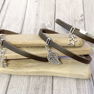 Fine bracelet with silver charm suspension and brown leather, unique mixed gift for birthday, gift for her