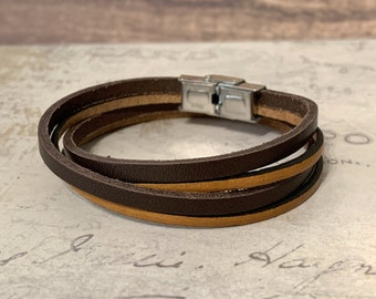 Bracelet mixte double tour cuir fin marron ou noir, cadeau homme et femme à personnaliser, longueur réglable