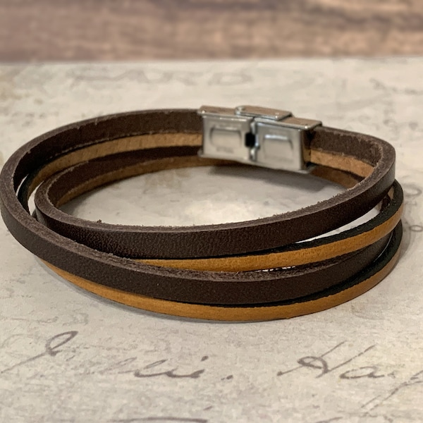 Bracelet mixte double tour cuir fin marron ou noir, cadeau homme et femme à personnaliser, longueur réglable