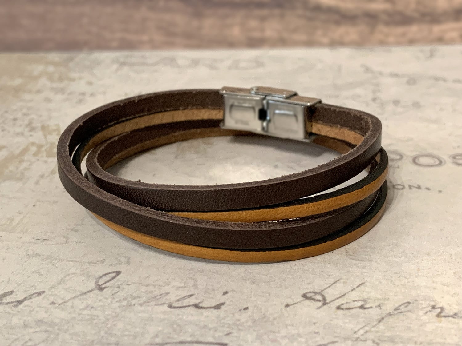Mixed Double Wrap Bracelet in Fine Brown or Black Leather Men s