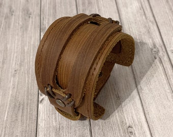 Brown rawhide leather bracelet for men wide and rustic cuff, men's steampunk gift