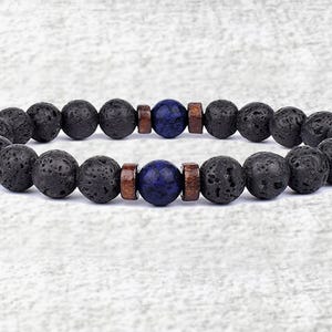 Natural black lava stone and blue beads bracelet for men, wooden spacer beads.