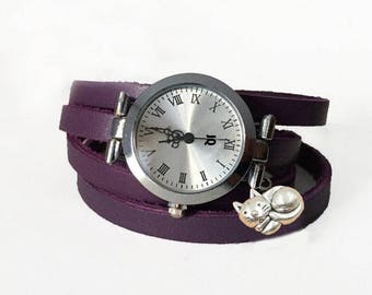 Women's watch with cat charm, dark lilac leather bracelet, gift for young girls