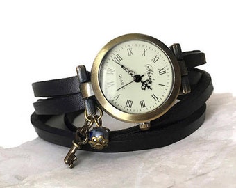 Woman watch black leather strap, gift for her, birthday mom gift.