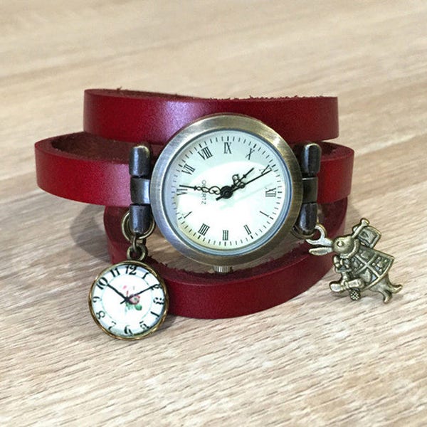 Montre Alice au pays des Merveilles bracelet en cuir rouge cadeau Noël femme, fille