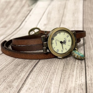 Women's watch with customizable double-turn leather strap with a charm, women's gift, mother's gift, sister's birthday image 3