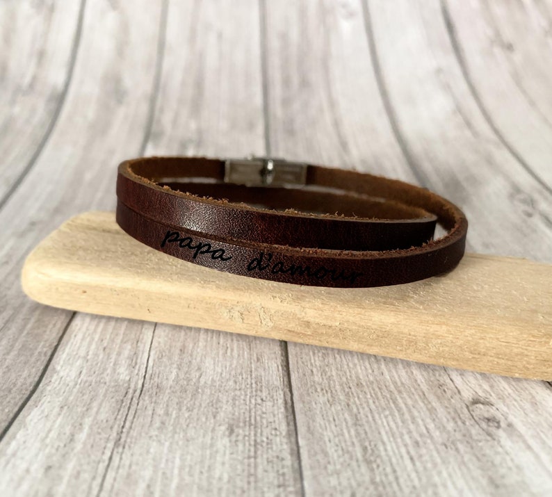 Personalized engraved and adjustable men's bracelet in dark brown leather, ideal for Father's Day image 9