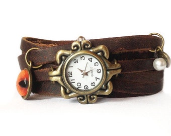 Bohemian watch for women brown leather, boho watch, original dial, pearl