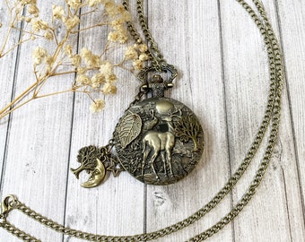Pocket watch deer hanging necklace or pocket chain, gift forest deer