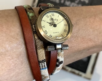 Women's watch in a casual and bohemian chic style, leather strap and multi-wrap ethnic band, gift for women