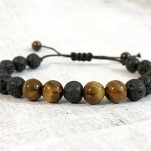 Natural matte black lava stone bracelet with tiger eye beads for men, essential oil, birthday gift, men&#39;s Christmas gift